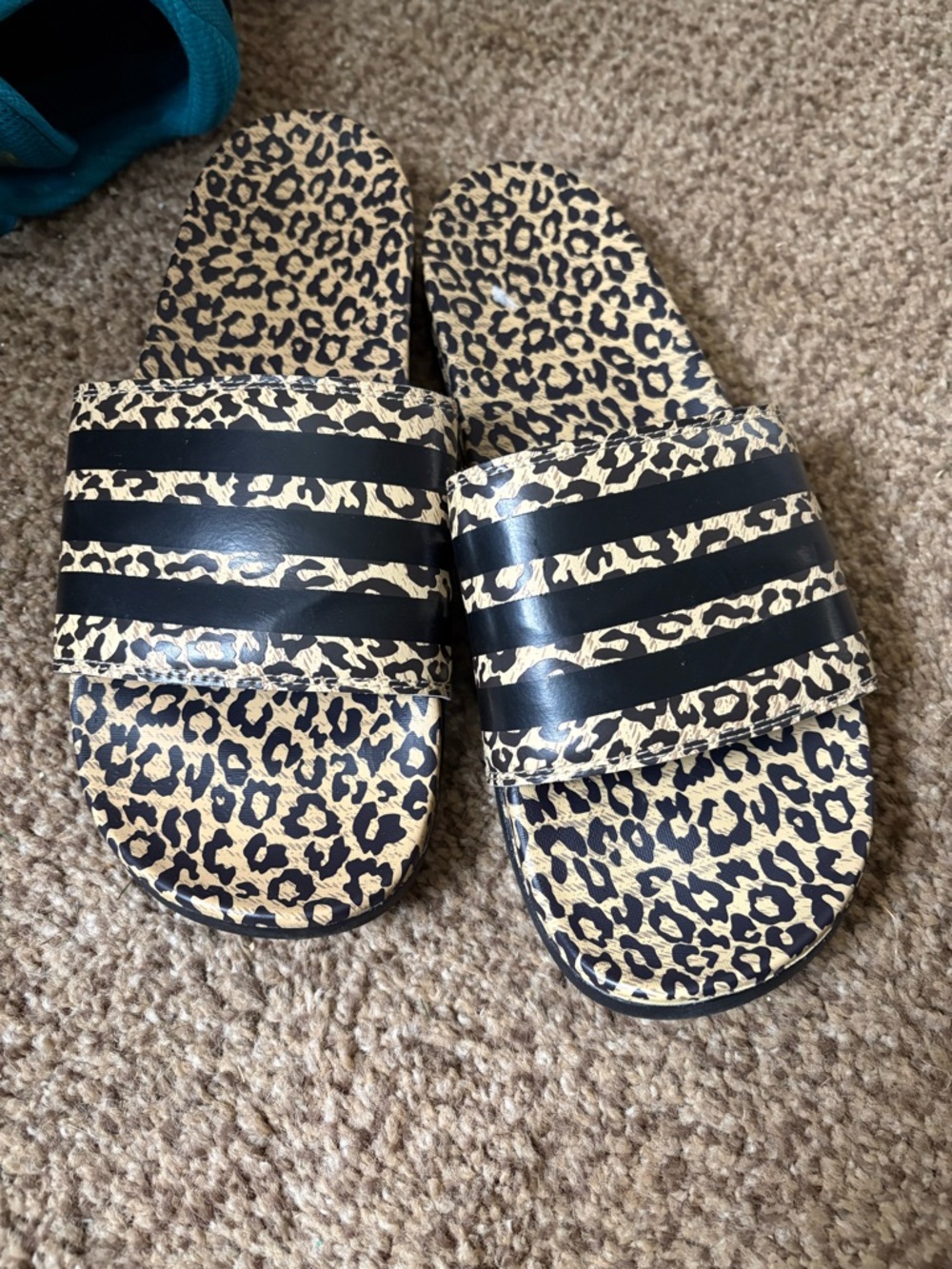 Adidas Leopard Print Slide Sandals with Black Stripes - Women's